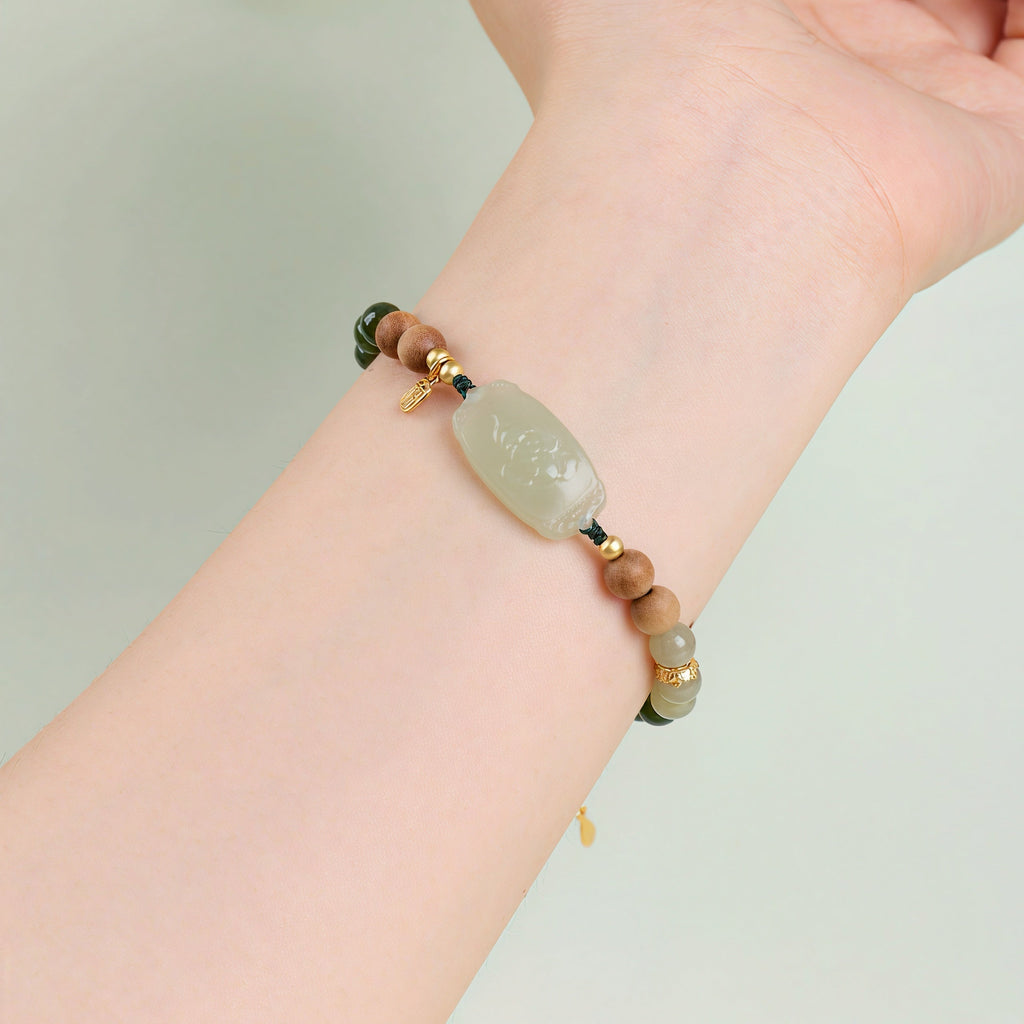 Natural Hetian Jade Lotus Plaque & Old Mountain Sandalwood Beaded Bracelet