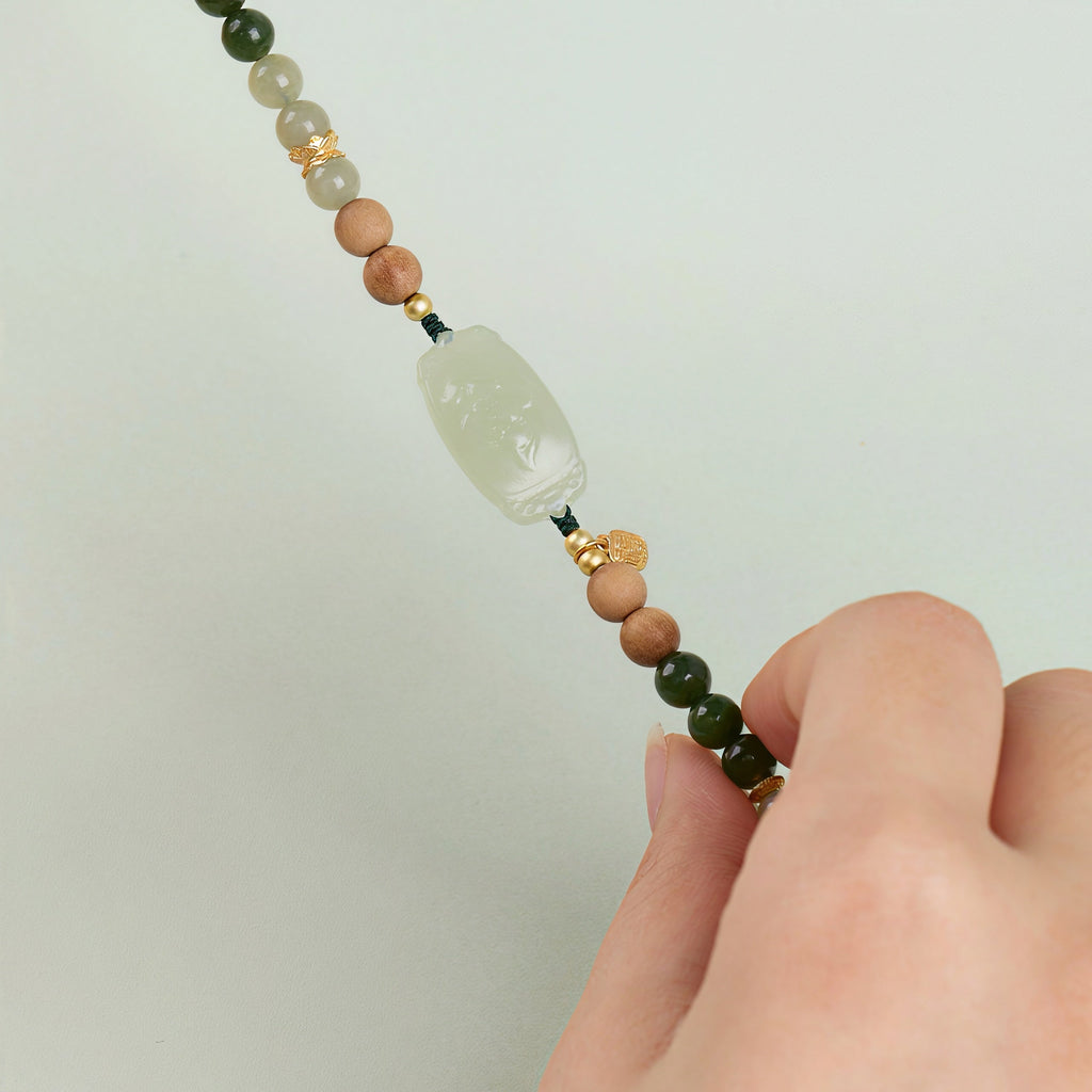 Natural Hetian Jade Lotus Plaque & Old Mountain Sandalwood Beaded Bracelet