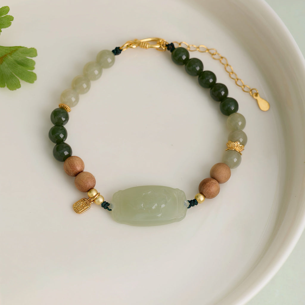 Natural Hetian Jade Lotus Plaque & Old Mountain Sandalwood Beaded Bracelet