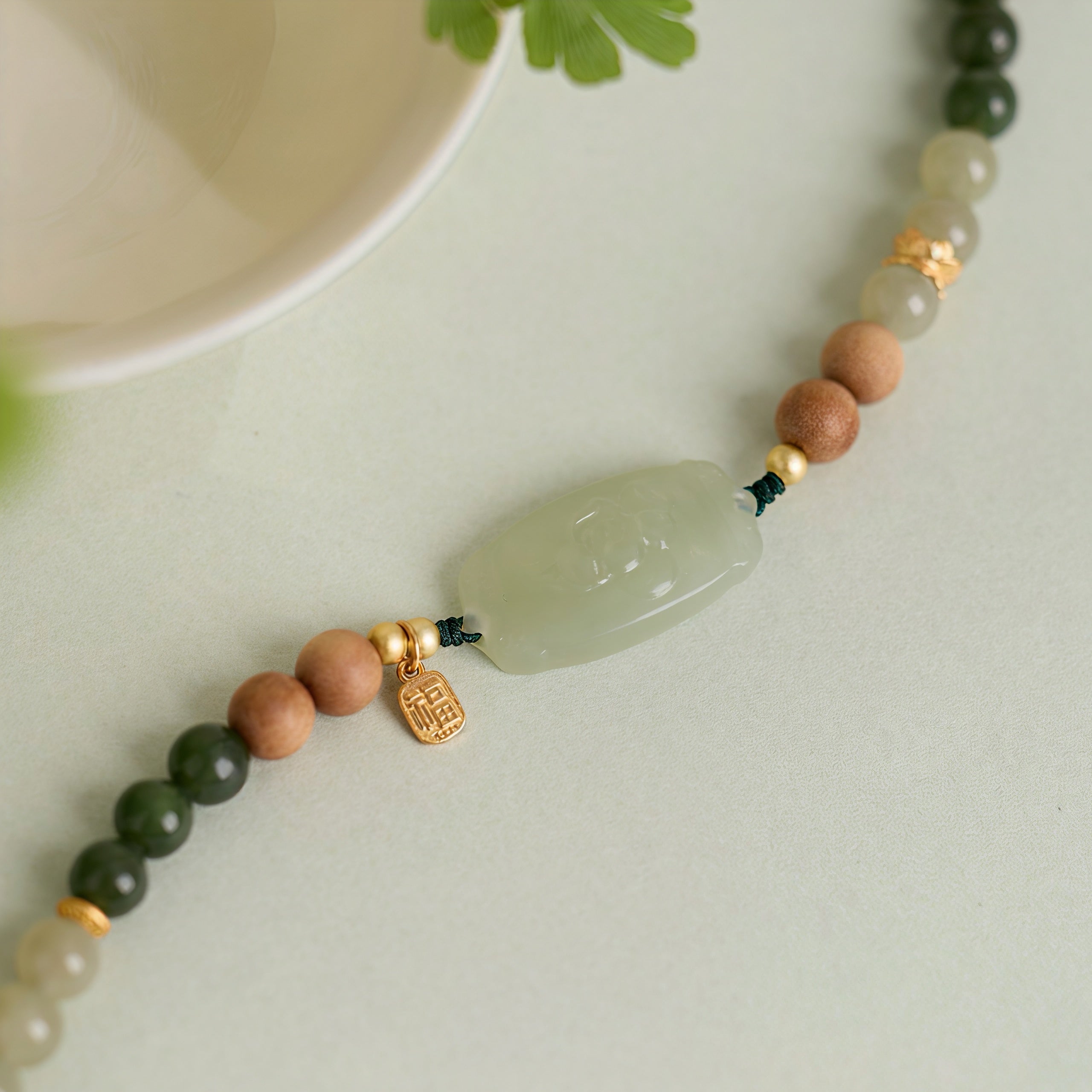 Natural Hetian Jade Lotus Plaque & Old Mountain Sandalwood Beaded Bracelet