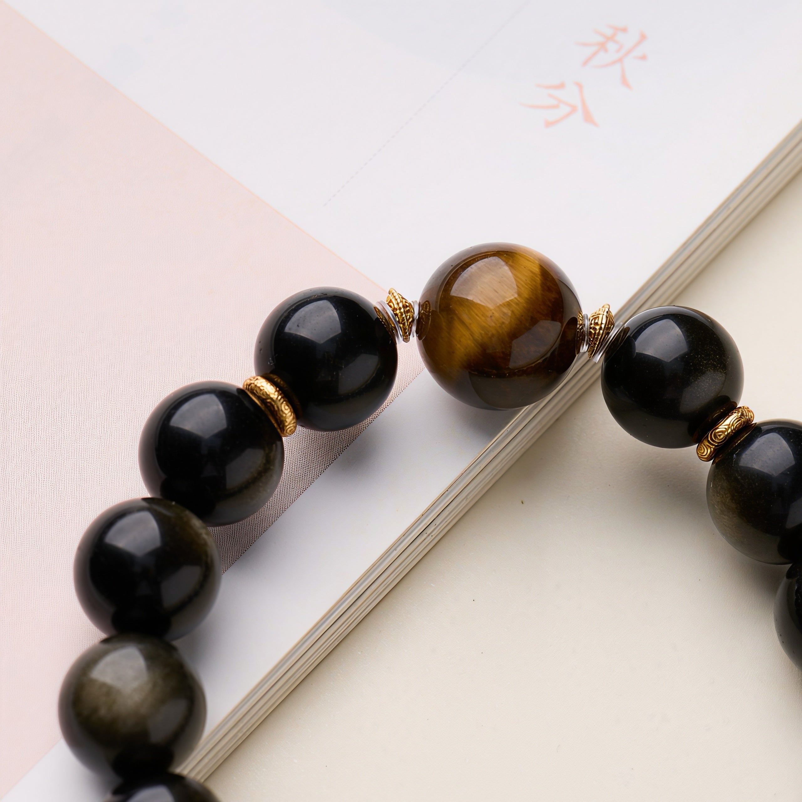Golden & Silver Sheen Obsidian Bracelet with Tiger's Eye and 925 Silver Lu Lu Tong Bead
