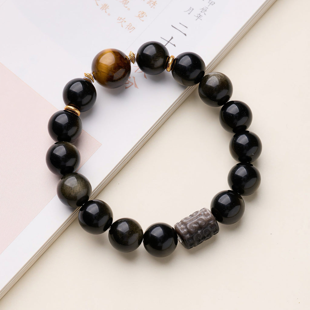 Golden & Silver Sheen Obsidian Bracelet with Tiger's Eye and 925 Silver Lu Lu Tong Bead