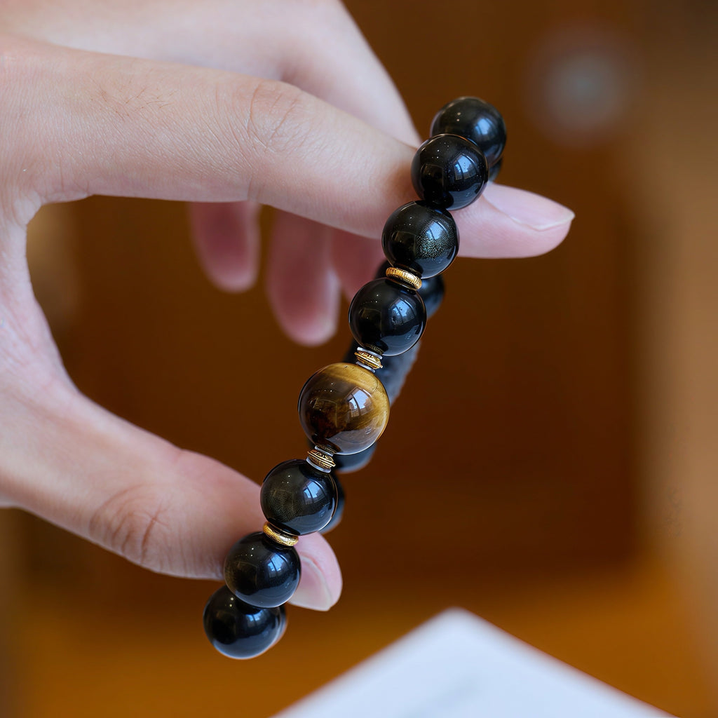 Golden & Silver Sheen Obsidian Bracelet with Tiger's Eye and 925 Silver Lu Lu Tong Bead