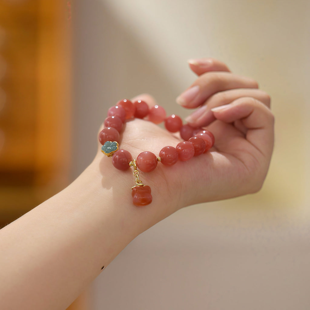 Natural Pastel Yanyuan Agate Beaded Bracelet with "Good Fortune" Persimmon Charm