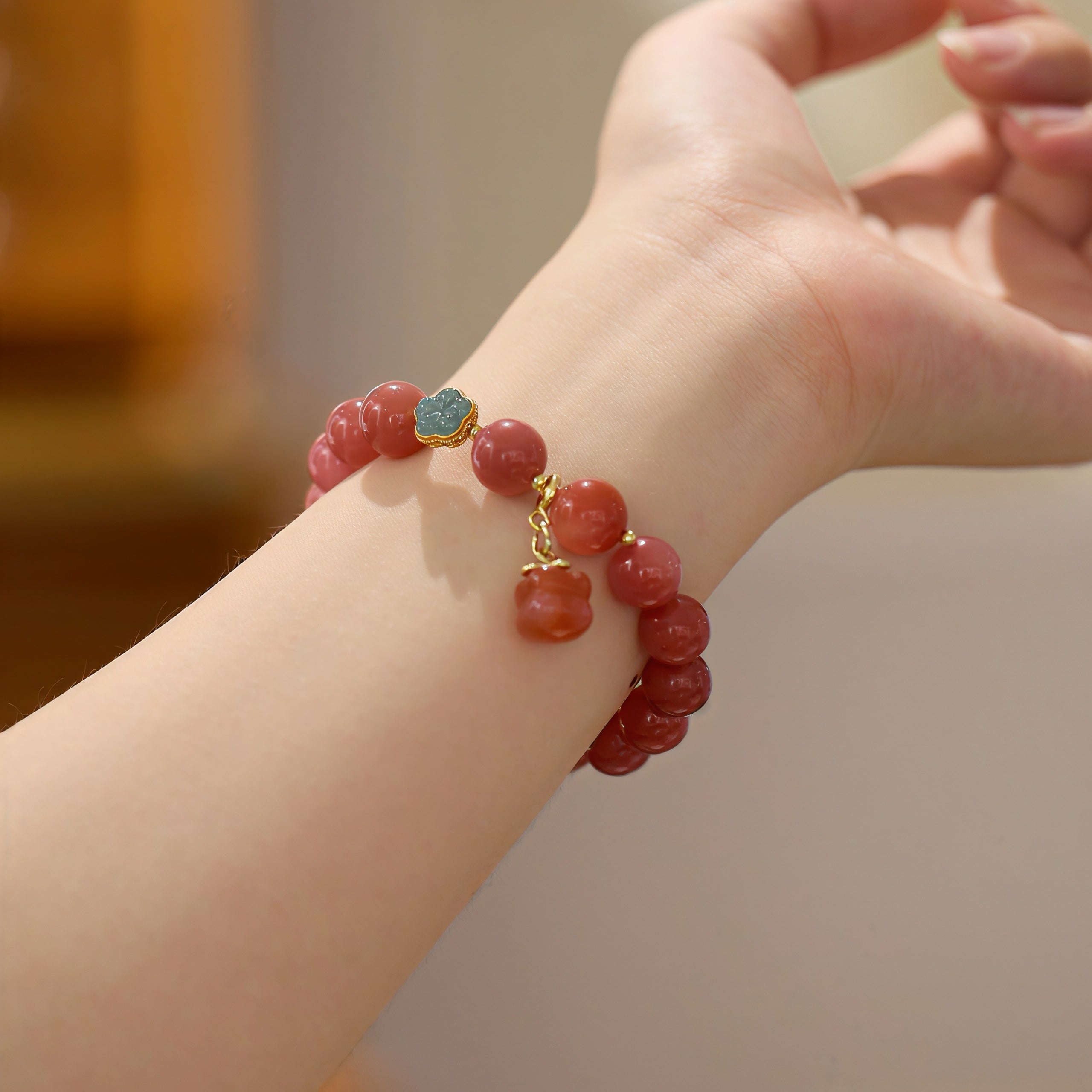 Natural Pastel Yanyuan Agate Beaded Bracelet with "Good Fortune" Persimmon Charm