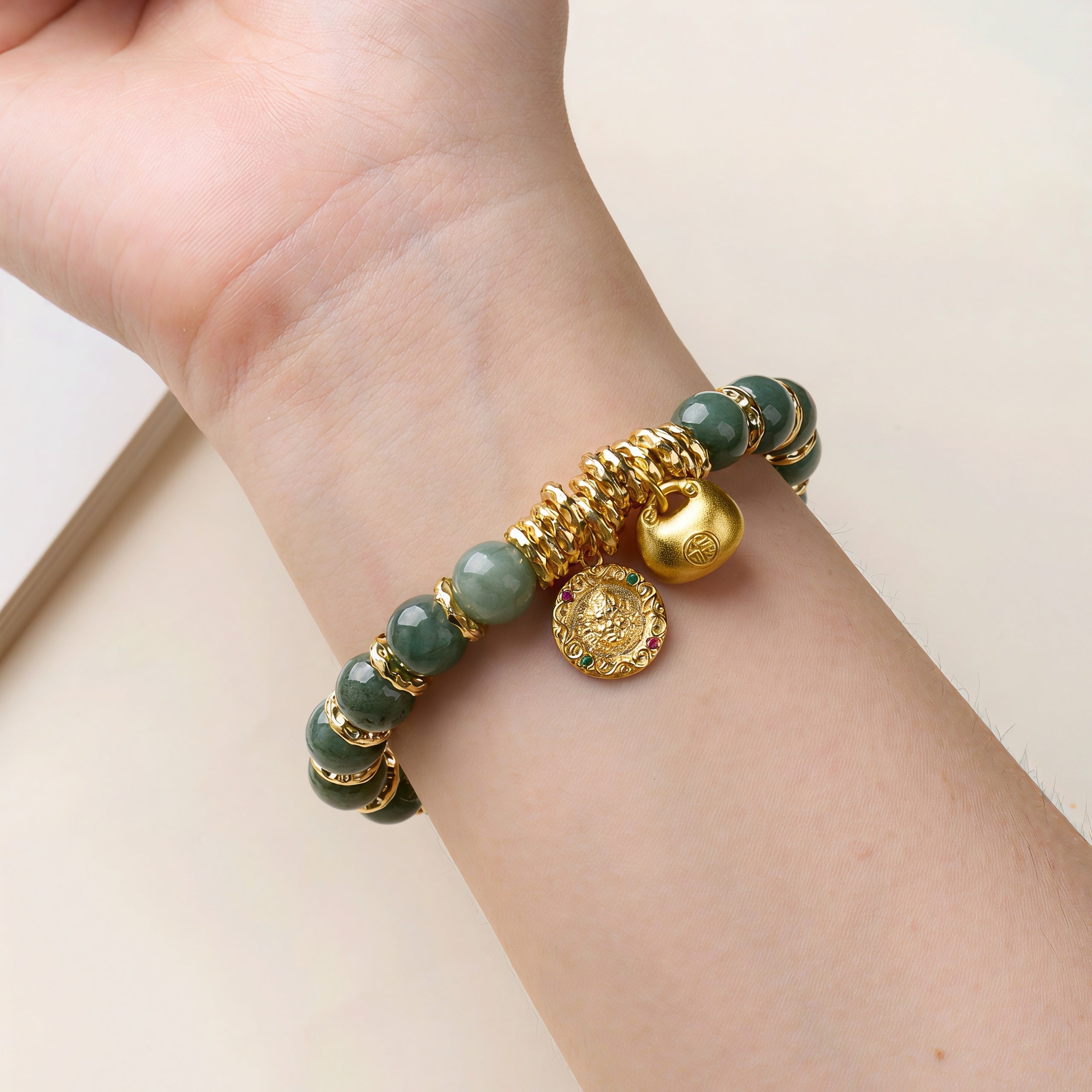 Natural Grade A Jadeite Bracelet with Yellow Jambhala & Fortune Lock Charms