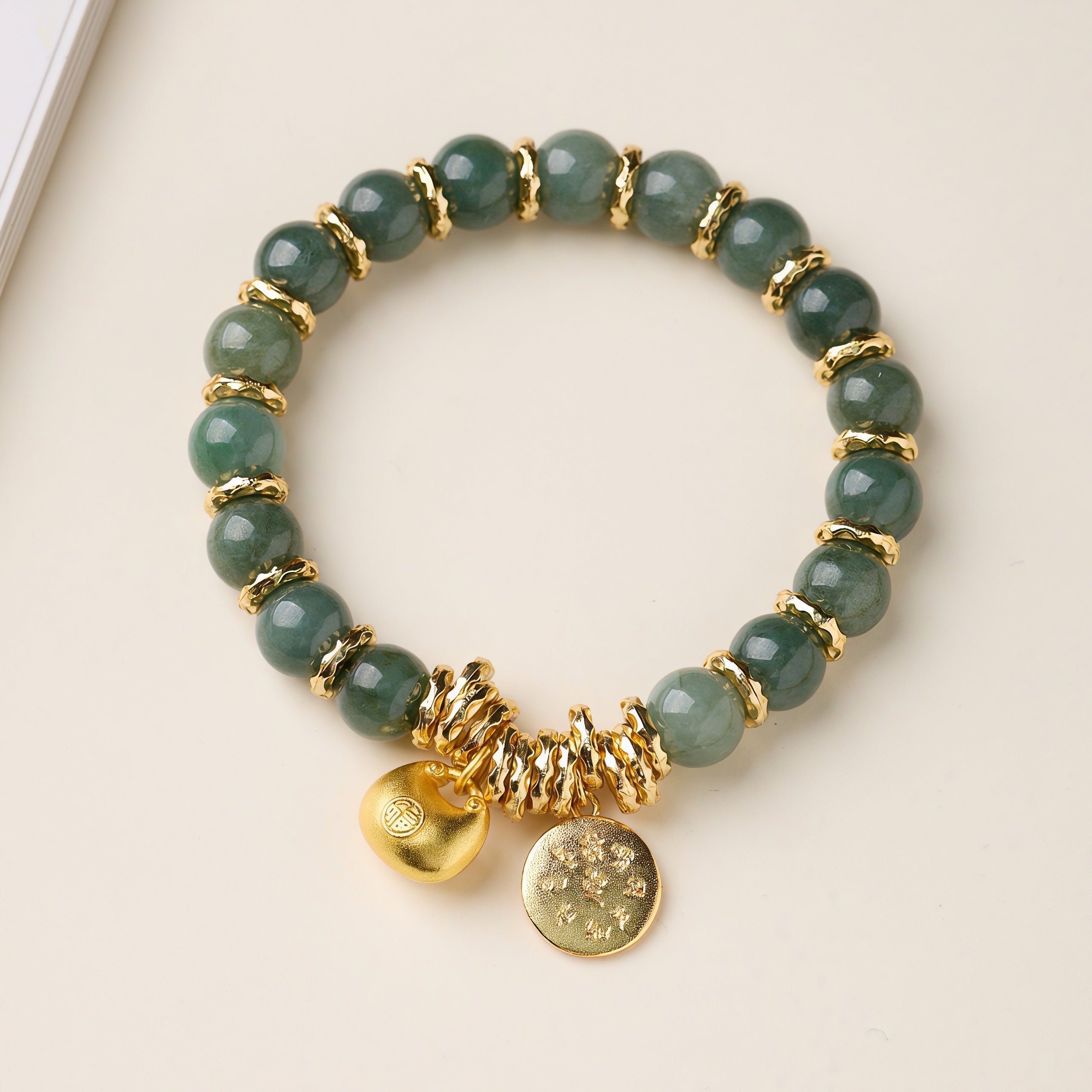 Natural Grade A Jadeite Bracelet with Yellow Jambhala & Fortune Lock Charms