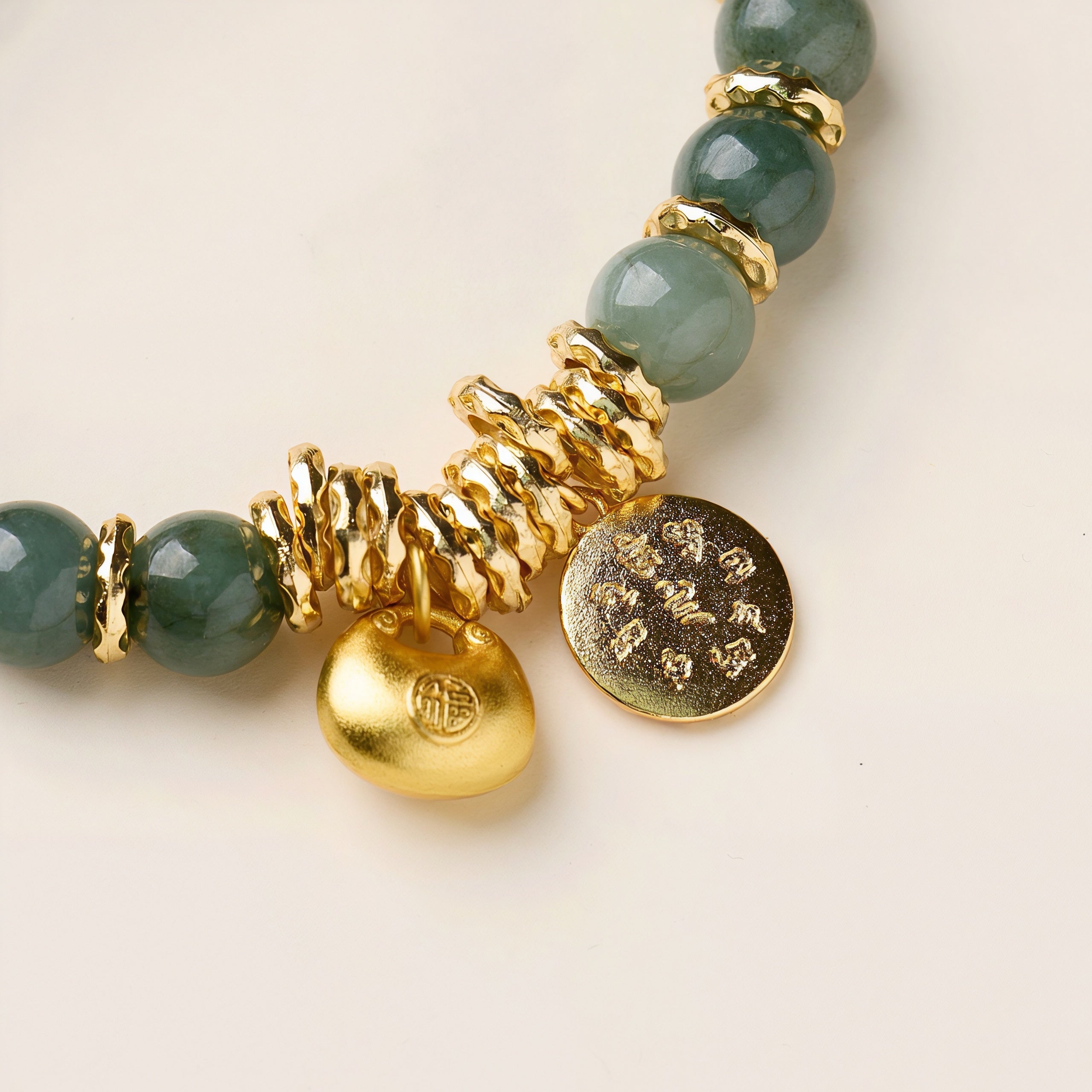 Natural Grade A Jadeite Bracelet with Yellow Jambhala & Fortune Lock Charms