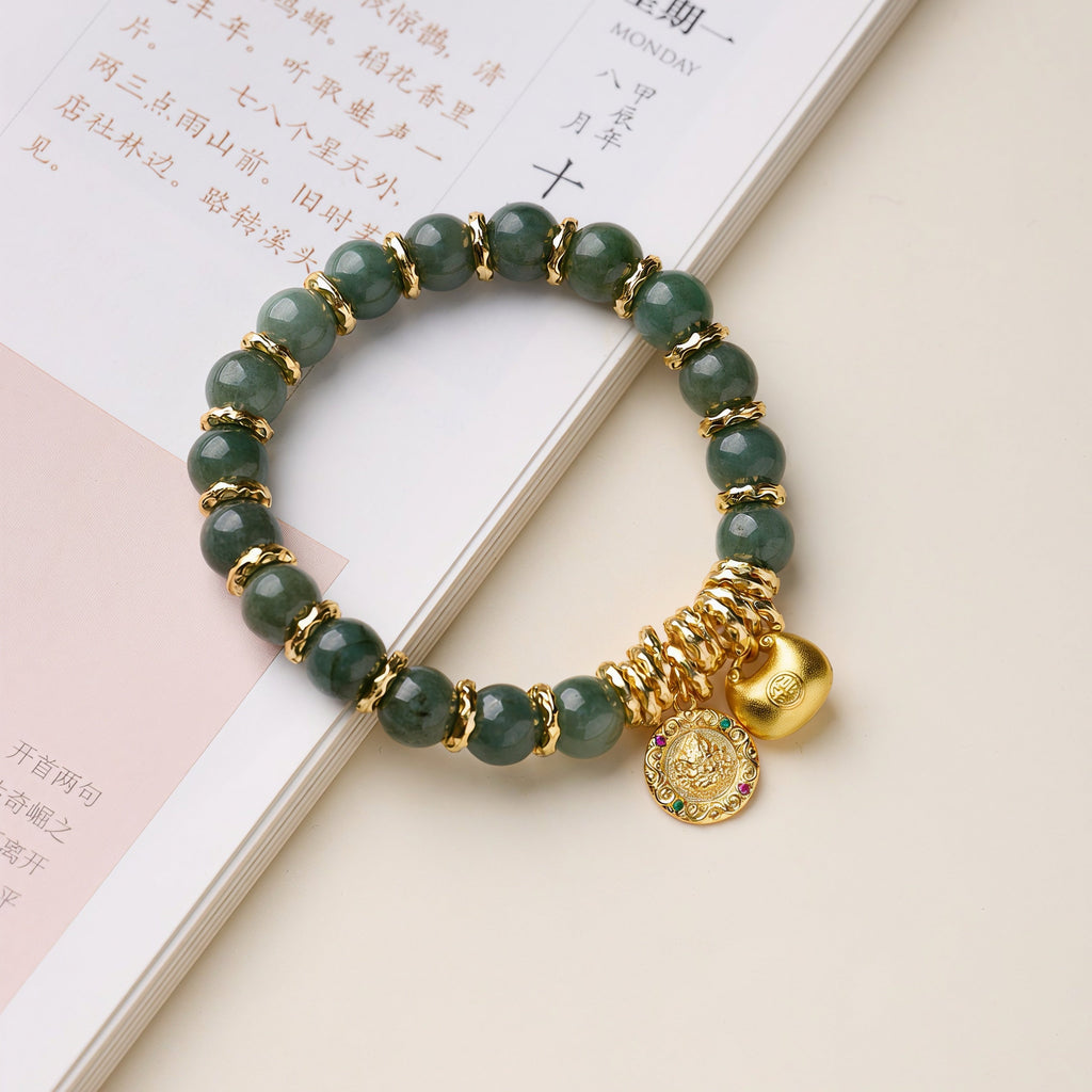 Natural Grade A Jadeite Bracelet with Yellow Jambhala & Fortune Lock Charms