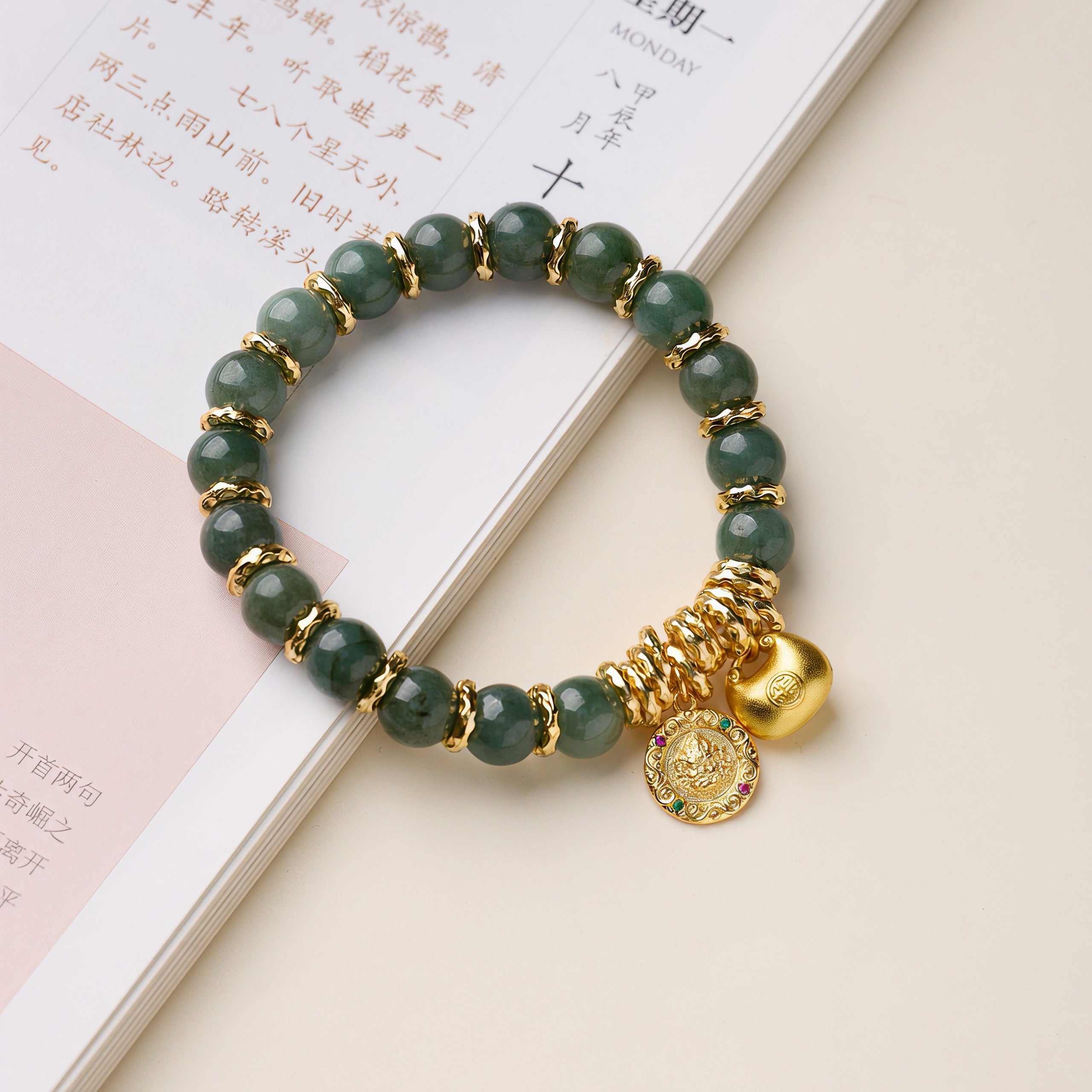Natural Grade A Jadeite Bracelet with Yellow Jambhala & Fortune Lock Charms