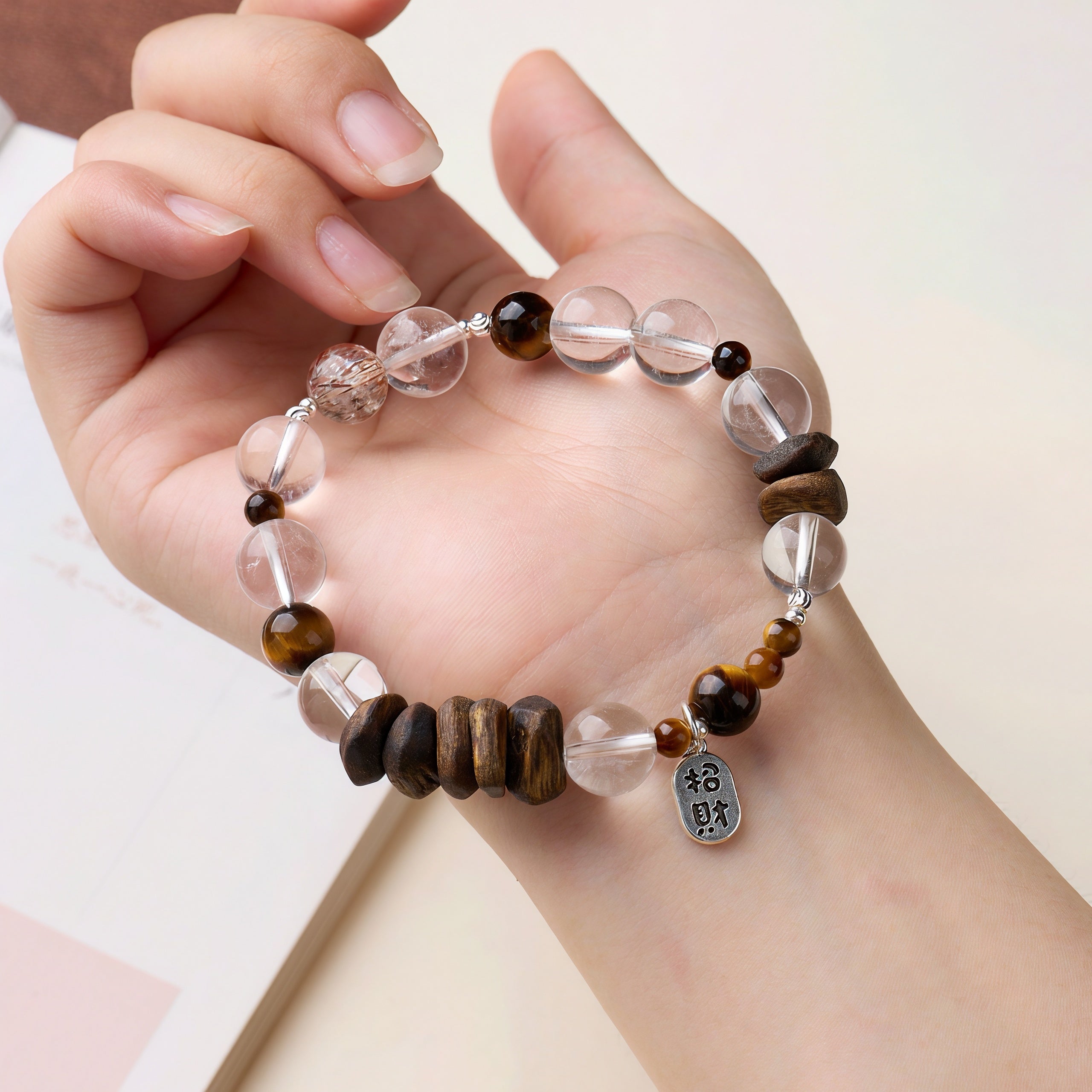 High-Grade Kyara Agarwood Chip & 10mm Clear Quartz Energy Bracelet