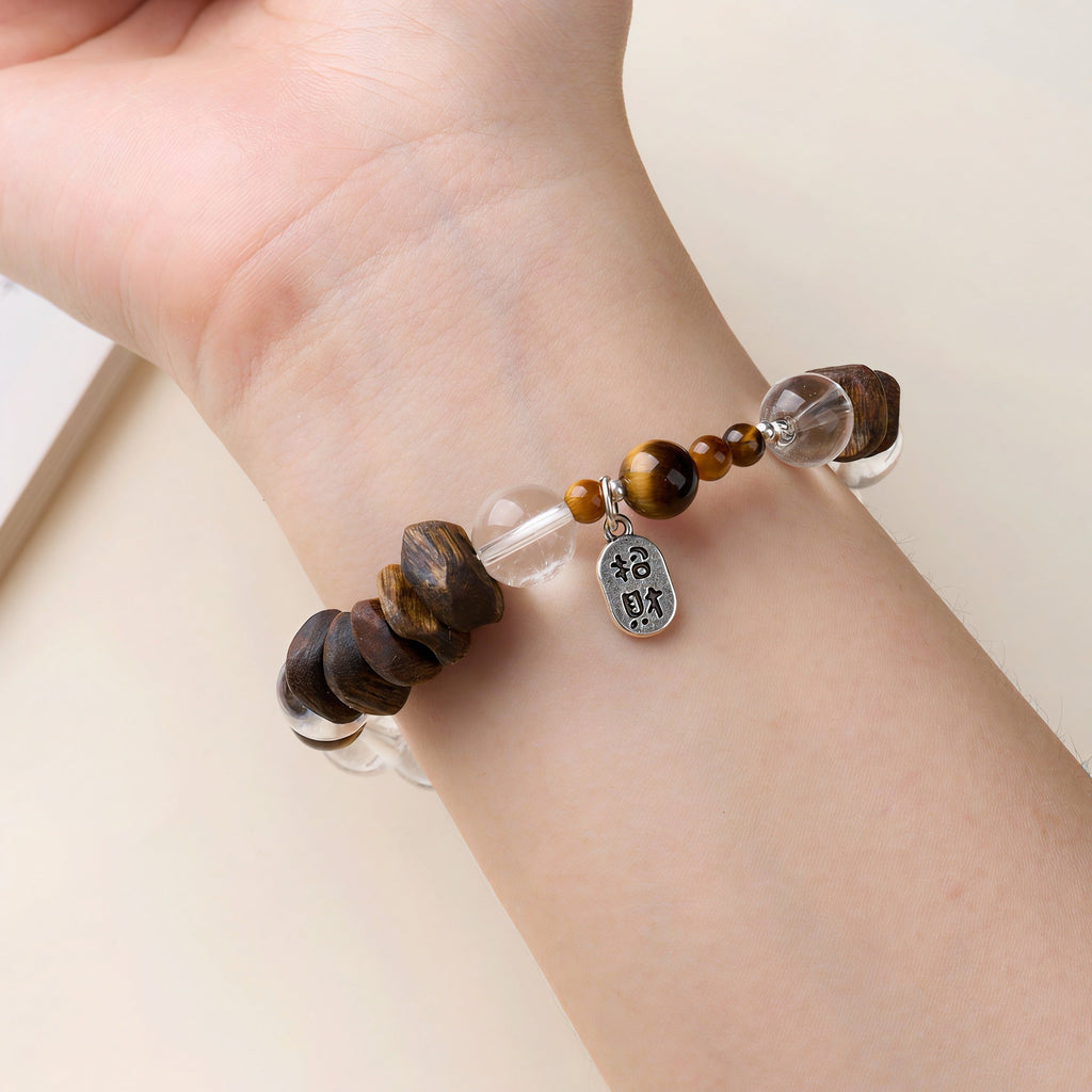 High-Grade Kyara Agarwood Chip & 10mm Clear Quartz Energy Bracelet