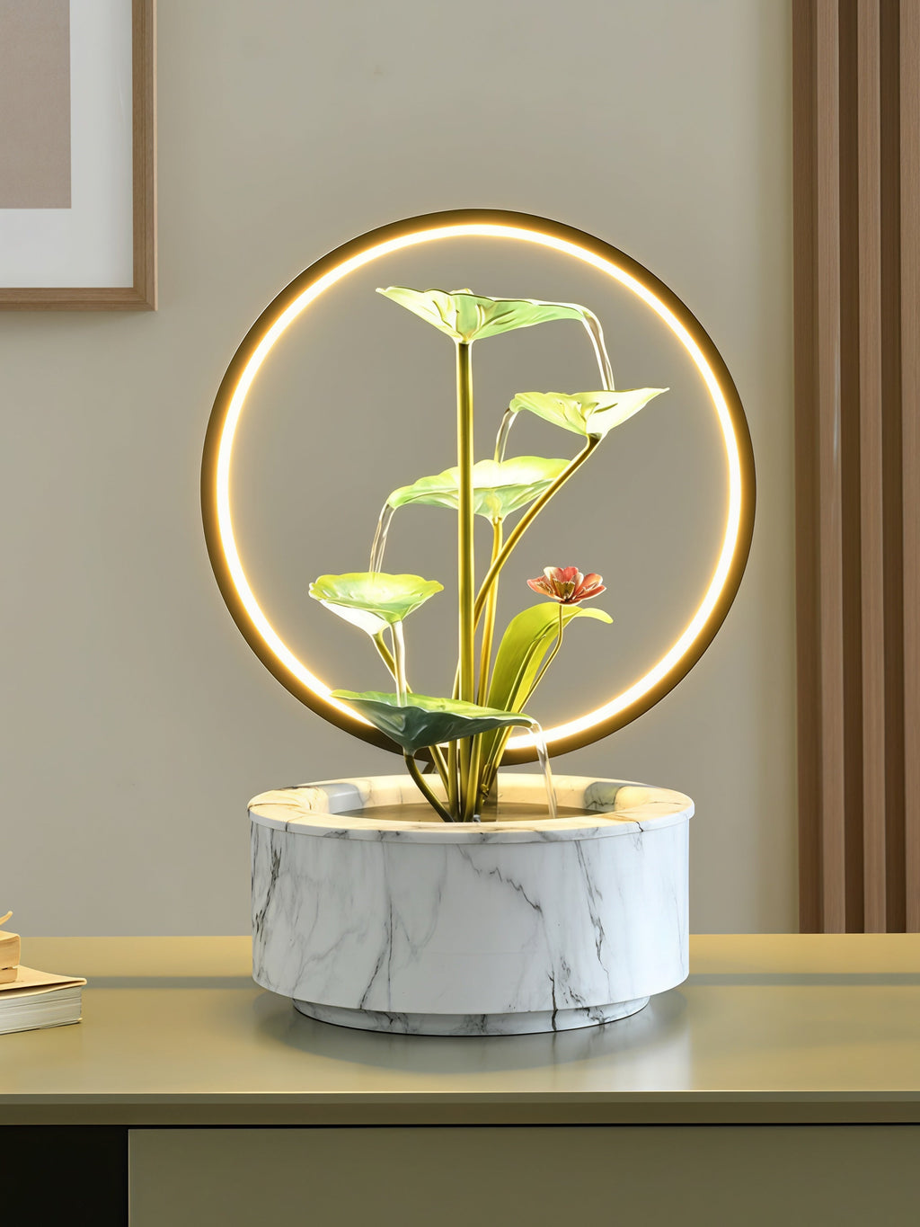 Zen Lotus Wasserfallbrunnen mit LED-Halo-Licht