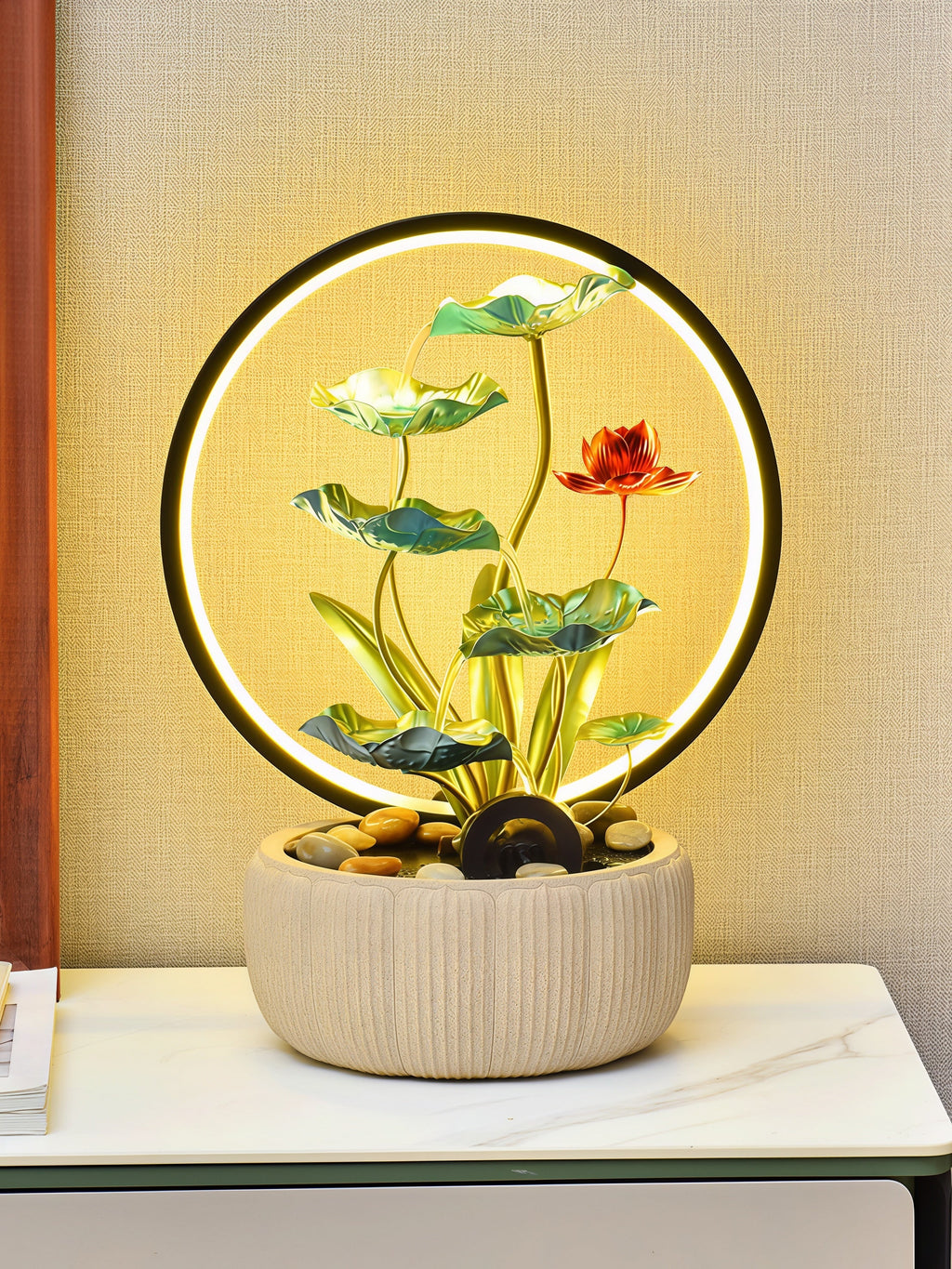 Fontaine Cascade Lotus Zen avec lumière halo LED