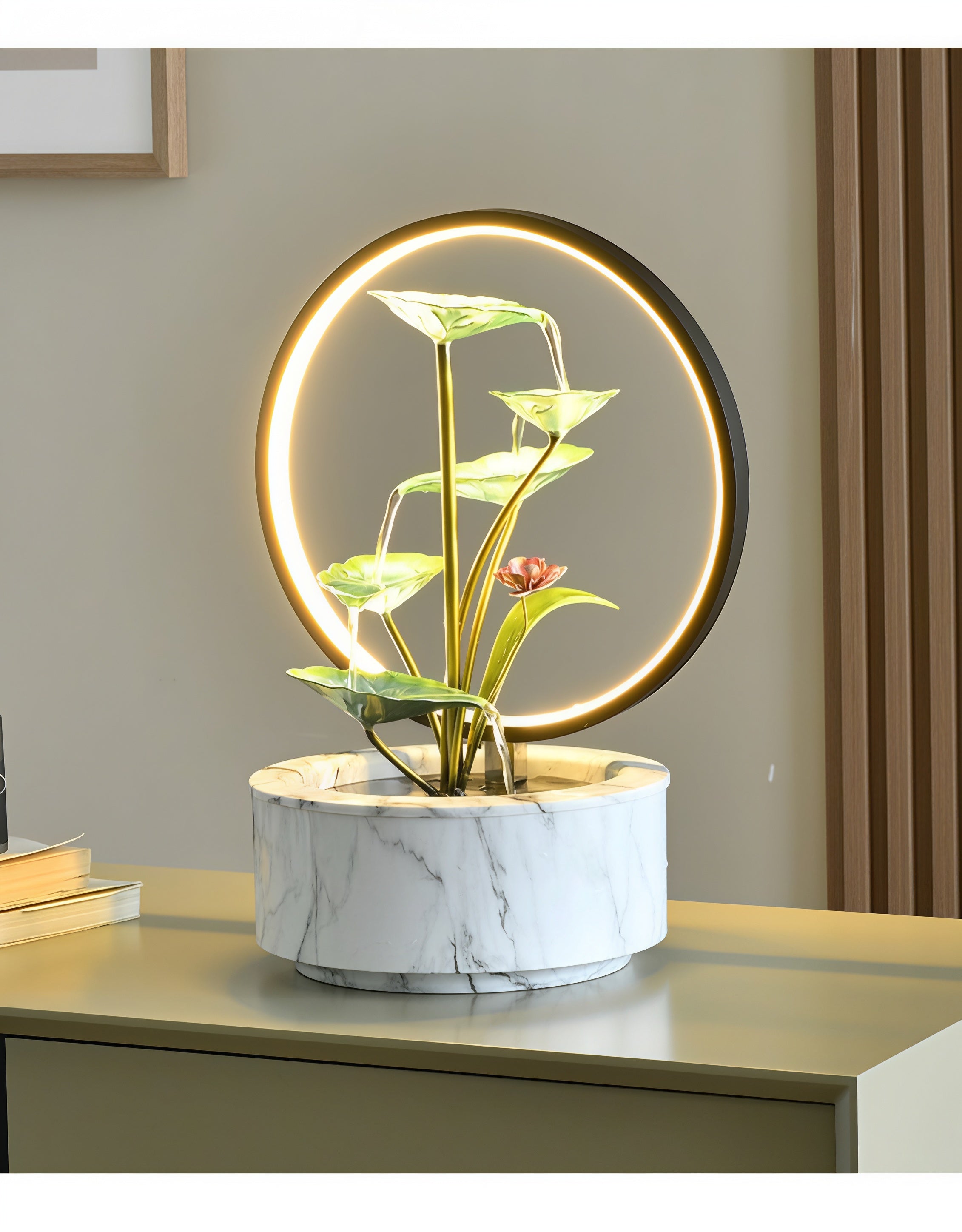 Fontaine Cascade Lotus Zen avec lumière halo LED