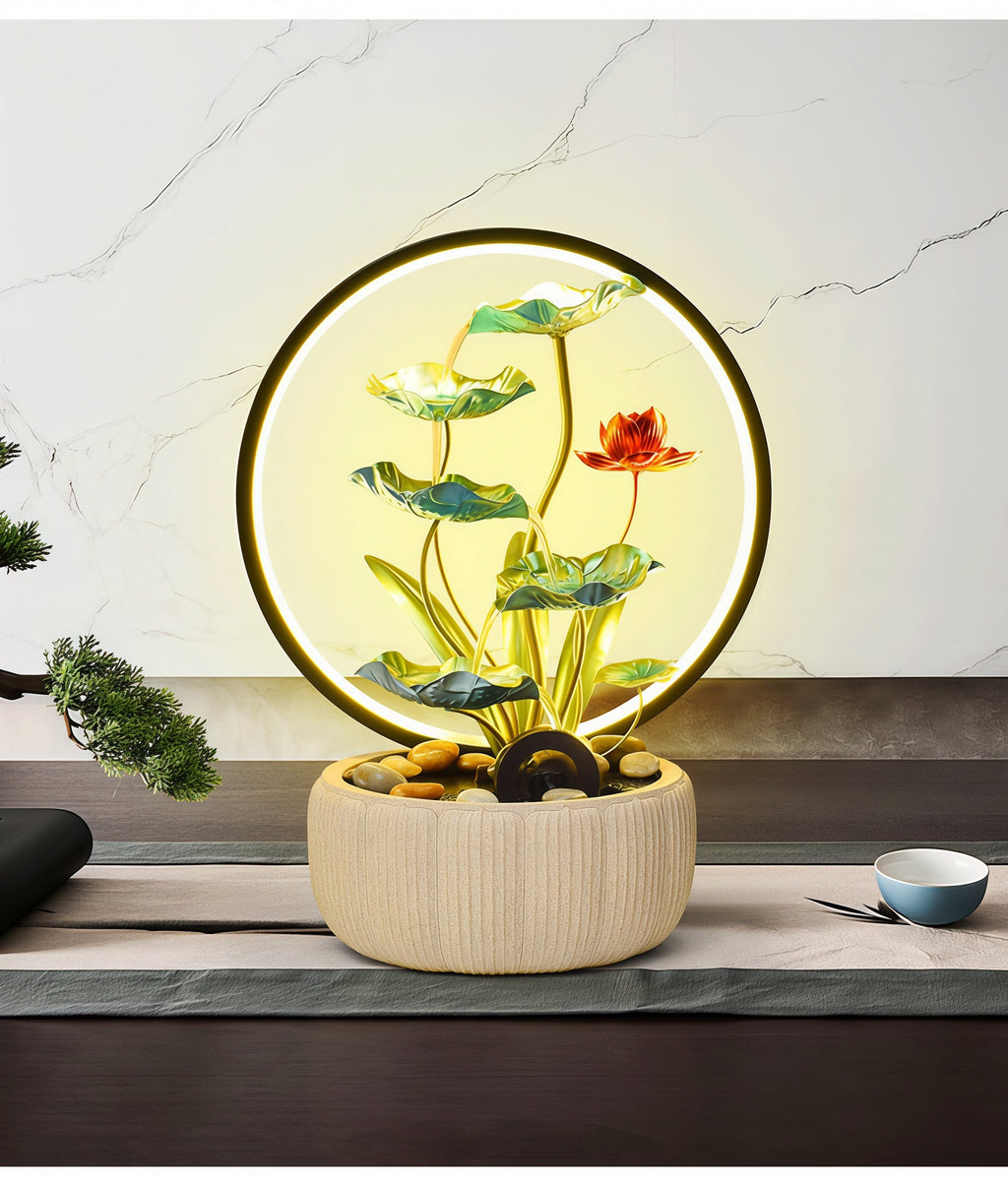 Fontaine Cascade Lotus Zen avec lumière halo LED